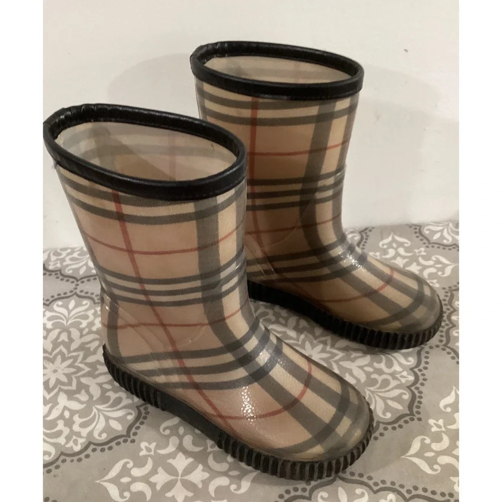 Burberry Unisex Kids Tan Black Check Mid-Calf Pull-On Rain Boots Sz 13 With COA